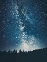 star filled night sky filled with milky way visible,, seen from a clearing in a forest