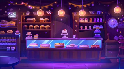 In the dark, nobody is inside the bakery shop with a counter of cartoons. A lamp glows in a cafe with cake and sweet pastry food. There is furniture for displaying donuts and desserts.