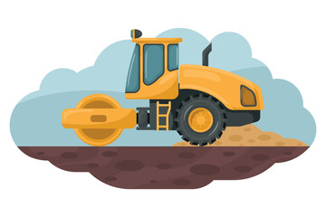 Cartoon of soil compactor roller compacting the ground. Heavy machinery used in the construction and mining industry - obrazy, fototapety, plakaty