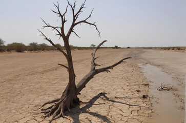 A dead tree standing beside e dry river.