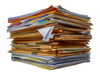Stack of cluttered files and colorful paper, cut out - stock png.