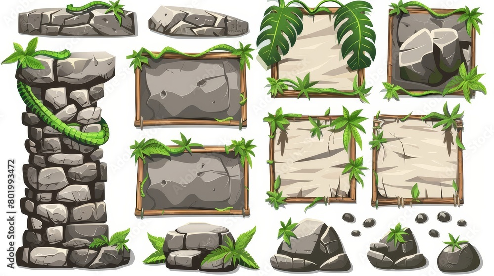 Poster ui elements with jungle leaves and vines - cartoon game user interface design buttons, menu signs, s