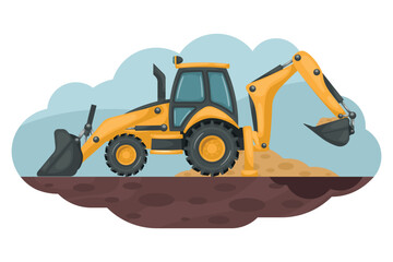 Cartoon of a backhoe excavating the ground. Heavy machinery used in the construction and mining industry