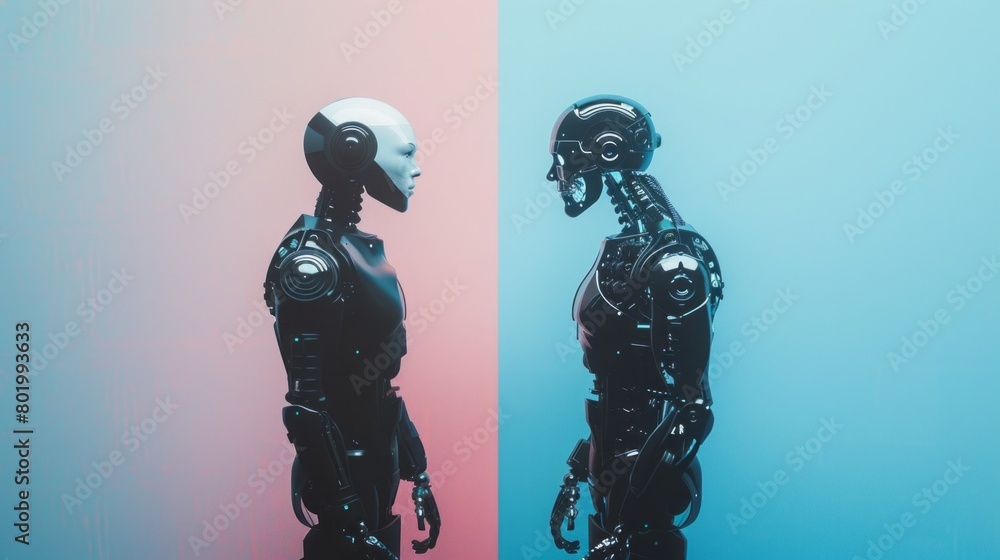 Poster two robots are standing next to each other, one is white and the other is black