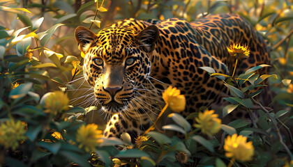 Close-up of a leopard walking through a bush filled with colorful yellow flowers - obrazy, fototapety, plakaty