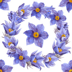 Seamless pattern of watercolor purple dream grass flowers wreath. Botanical hand painted floral elements. Hand drawn illustration. On  white background. For fabric, wrapping paper, wallpaper decor