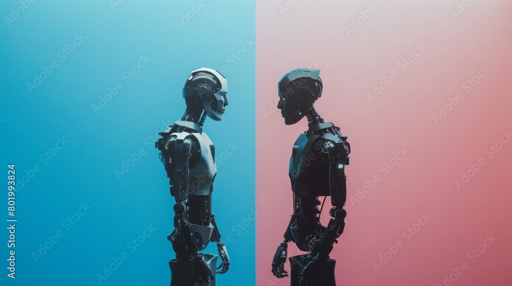 Poster Two robots are standing next to each other, one on the left and one on the right