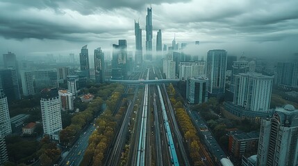 The railway station and business center intertwine into a spectacular scene under a cloudy sky. Aerial high view. Generative AI.