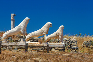 The (Naxian) Lions Terrace in the archaeological site of the "sacred" island of Delos. Cyclades, Greece