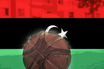 Basketball ball with Libya flag, tournament or competition, Libya victory and win concept, basket  - obrazy, fototapety, plakaty