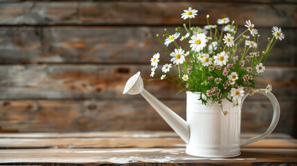  white watering can with daisies, chamomile inside of it with a big space and kept in a wooden surface for text or gardening type product advertisement