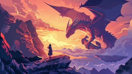 The girl caresses the fantasy dragon magic fire modern background scene. Landing on a rock boulder breathing a medieval creature with wings, accompanied by an attractive female game character. - obrazy, fototapety, plakaty