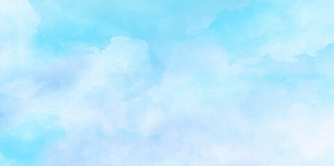 Abstract watercolor background . Grunge wallpaper of blue sky with white clouds . Summer heaven bright cloudscape .	