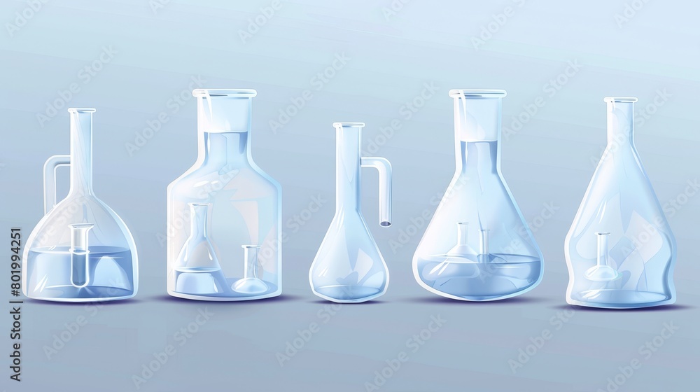 Poster a realistic modern illustration set of empty transparent round and conical laboratory flasks and tub