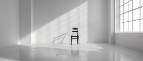 Obraz premium A stark white room with a single black chair, evoking a sense of isolation and artificiality in a simulated world