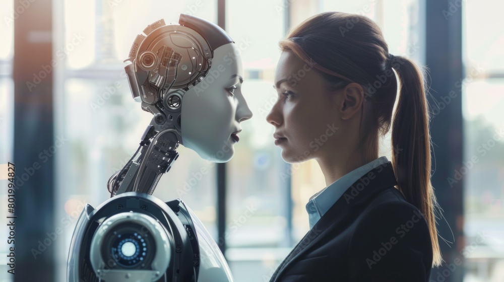 Poster a woman is standing in front of a robot with a ponytail