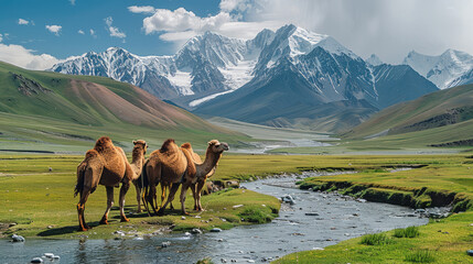 Several camels leisurely on the lush green grassland, creek, snowy mountains in the distance. Generative AI.