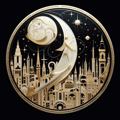 An elegant art piece featuring a crescent moon adorned with elegant swirls