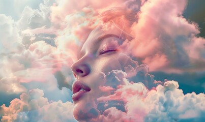 Woman's face against a backdrop of vibrant, dreamlike cloudscape