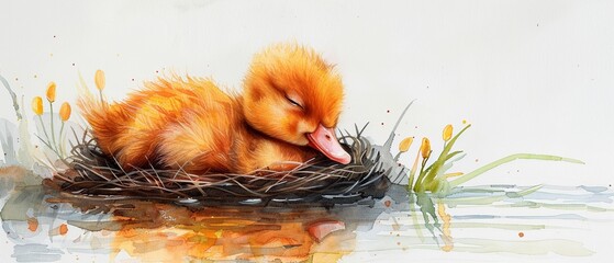 A sleepy duckling nestled in a nest of feathers with its eyes closed. copy space