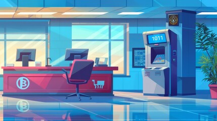 Office room interior with cartoon ATM background. Lobby with counter, desk, and chair, in service area illustration. Workspace with computers in financial department.