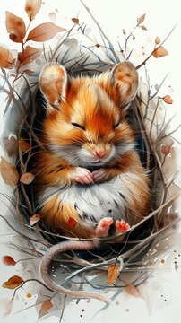 A sleepy dormouse curled up in a cozy nest made of leaves and twigs. copy space