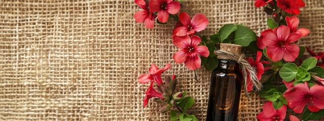 geranium essential oil on burlap background - obrazy, fototapety, plakaty