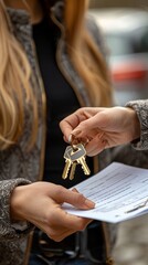 Close-up of keys and paperwork being exchanged between a woman realtor and a client