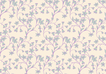 Abstract artistic branches with tiny flowers, bells, small leaves intertwined in a seamless pattern. Vector hand drawing. Creative curved wild floral stems printing on a light background.