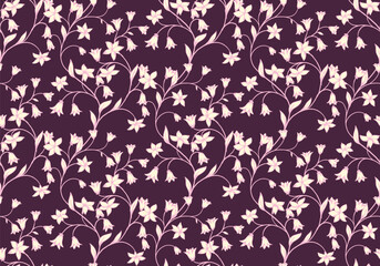 Burgundy seamless pattern with abstract artistic branches with tiny ditsy flowers, bells, small leaves. Vector hand drawing. Creative curved wild floral stems printing. Template for designs