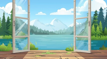 Modern illustration of a river landscape view from a wooden patio. An evergreen fir tree forest is near clear lake water, clouds float in sunny skies, and the scenery is very beautiful.
