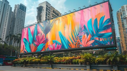 Pop Art white billboard mockup with bold colors and graphic illustrations against a vibrant city...