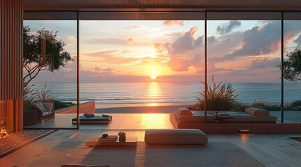View of a house of a modern wooden house with a clean, sleek interior and a huge window overlooking a beautiful realistic beach sunset. Generative AI.