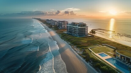Fototapeta premium A coastal luxury and aviation convenience at our modern beachfront condominium community. Nestled along the pristine shores, each sleek. Aerial high view. Generative AI.