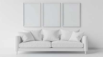 Frame mockup, simple and modern white sofa home interior design background, wall poster frame mockup, 3d render