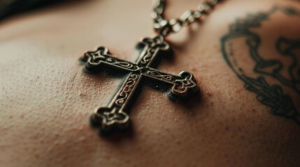 A simple yet powerful cross tattoo, symbol of unwavering faith, captured in close-up with perfect lighting to enhance its meaningful design, isolated backdrop