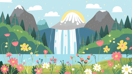 A whimsical children's book illustration reveals a hidden waterfall surrounded by blooming mountain flowers.