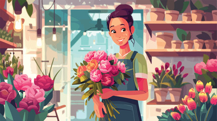 Female florist with beautiful bouquet of peonies in style