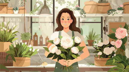 Female florist with beautiful bouquet of peonies in style