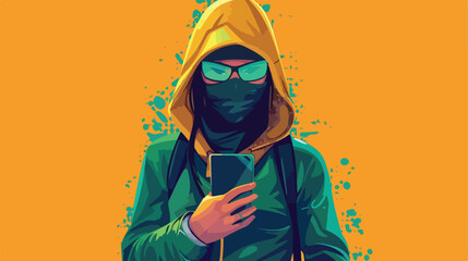 Female hacker in mask and with mobile phone on color