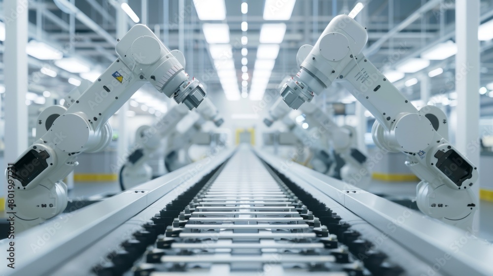 Poster robot arms on automated ev battery components production line. high technology, the future concept.