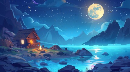 Fototapeta premium In a summer night landscape with a wooden hut and campfire on shore of a lake near rocky mountains, surrounded by a starry sky and fool moon light, a wooden cottage is near a water pond for camping