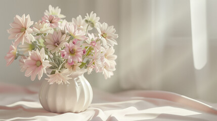 Digital illustration of soft pink flowers in white vase, minimalist interior, gentle morning light


