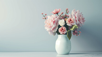 Digital illustration of mixed floral arrangement in ceramic vase, minimalist style, serene backdrop

