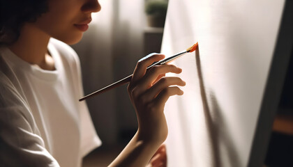 Young female artist in soft lighting starting with orange brush stroke on blank canvas