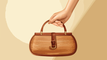 Female hand with rattan bag on light background Vector