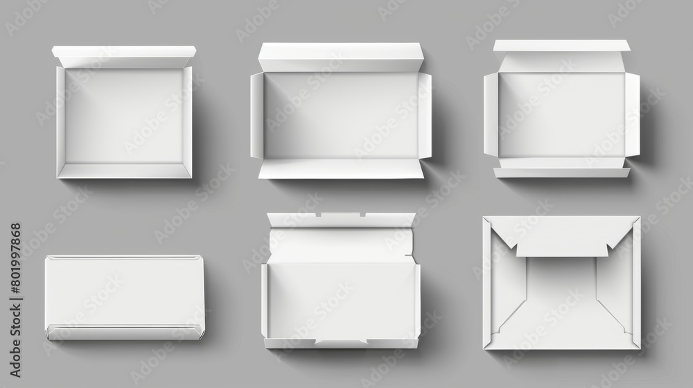 Poster mockups of white cardboard boxes isolated on grey background with empty and closed 3d cartons. moder