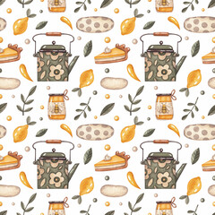 Seamless pattern with a green flowered teapot, pie, honey, lemon and leaves on a white background. Print on fabric and paper. Watercolor illustration. Food. Sweet. Coffee. Candies. Background. 