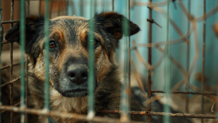 Abandoned sad stray dog in the cage