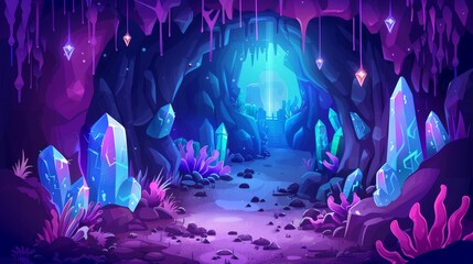 Cartoon crystal mine cave with treasure. Fantasy underground drawing landscape illustration. Coal tunnel with jewel inside rock mountain. Fantasy tale deep corridor background.